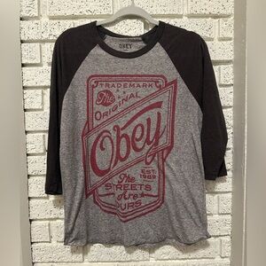 Obey Speckled Gray Ragland Tee with Red Print